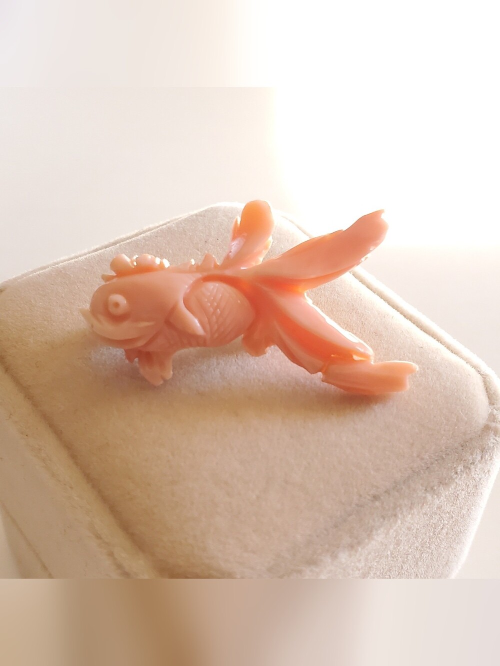 Antique Carved Gold Fish Angel Skin Coral Brooch